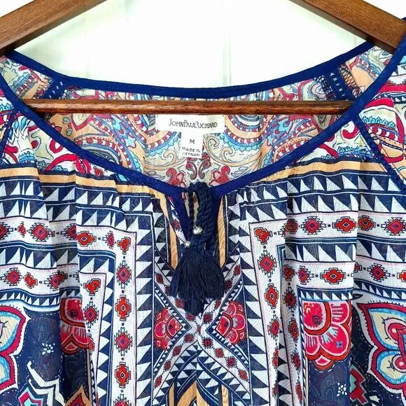 John Paul Richard Boho Bohemian Paisley Peasant Blouse Short Sleeves Sz M - Picture 4 of 11